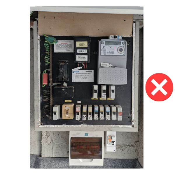 An old, messy, and potentially unsafe switchboard before being upgraded